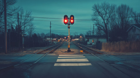 A quiet railway crossing in a small town, with the warning lights flashing and the barrier down, waiting for an approaching train, evoking a calm and everyday rural moment.の素材