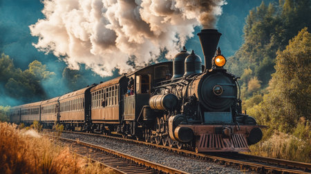 A vintage steam train moving along old railway tracks, with smoke billowing from the chimney, set against a picturesque countryside background, capturing the charm of historic rail travel.の素材