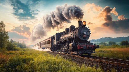 A vintage steam train moving along old railway tracks, with smoke billowing from the chimney, set against a picturesque countryside background, capturing the charm of historic rail travel.の素材