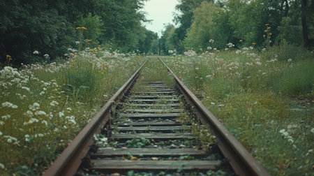 An abandoned, overgrown railway track in a rural setting, with weeds and wildflowers growing between the rails, evoking a sense of nostalgia and forgotten journeys.の素材