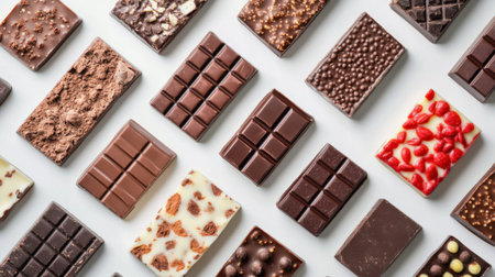 An assortment of chocolate bars, including different flavors and fillings, neatly displayed on a white background, highlighting the variety of options available.の素材