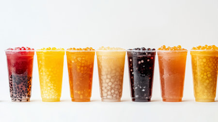 An assortment of bubble tea flavors in transparent cups, lined up against a white backdrop, showcasing different colors and textures of tapioca pearls and tea.の素材