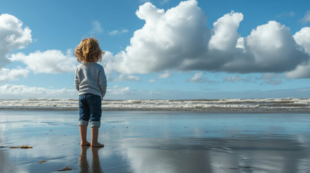 A young child standing on a beach, looking out at the rising sea levels encroaching on the shoreline, symbolizing the future generations affected by climate change.の素材
