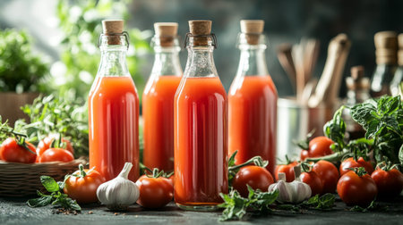 Bottles of homemade tomato juice arranged in a kitchen setting, surrounded by fresh tomatoes, garlic, and herbs, conveying the idea of organic, homegrown products.の素材