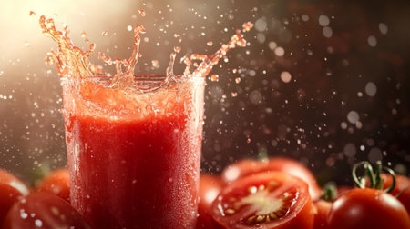 Close-up of tomato juice splashing into a glass, with droplets frozen mid-air, surrounded by whole and sliced tomatoes, symbolizing freshness and vitality.の素材