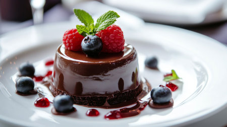 A close-up of a chocolate dessert with a glossy ganache, garnished with fresh berries and mint, set on a white plate to emphasize its elegant presentation.の素材