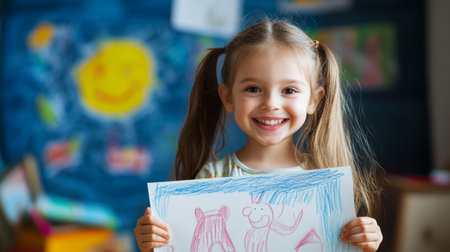 A cheerful child proudly holding up a completed coloring page with bright, colorful drawings, showcasing their artistic achievements.の素材