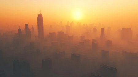 A city skyline covered in smog and haze, with the sun barely visible through the pollution, demonstrating the environmental consequences of global warming in urban areas.の素材