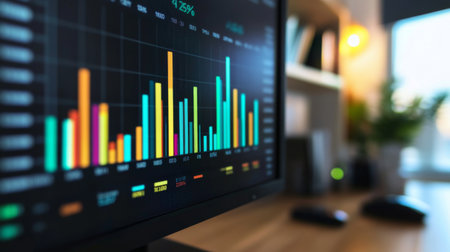 A close-up of a financial bar chart on a computer screen, showing different data categories with colorful bars, set in a modern office environment.の素材