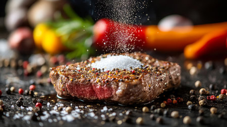 A close-up of a steak being seasoned with salt and pepper before grilling, with a background of various spices and marinades for flavor enhancementの素材