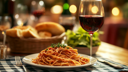 A cozy dinner setting with a plate of spaghetti and garlic bread on a checkered tablecloth, accompanied by a glass of red wine and a salad.の素材