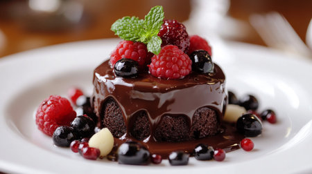 A close-up of a chocolate dessert with a glossy ganache, garnished with fresh berries and mint, set on a white plate to emphasize its elegant presentation.の素材