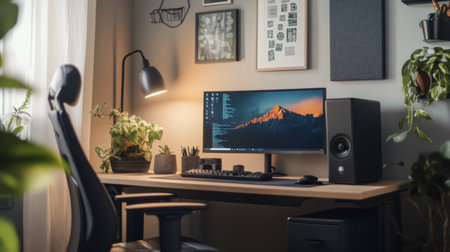 A desk with an ergonomic chair, a neatly arranged monitor, and a few motivational quotes on the wall behind, representing a comfortable and encouraging workspace.の素材