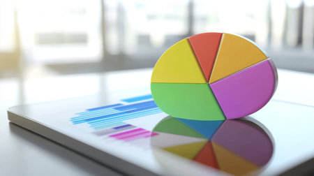 A colorful pie chart displayed on a digital tablet, illustrating market share percentages, set against a clean, professional workspace.の素材