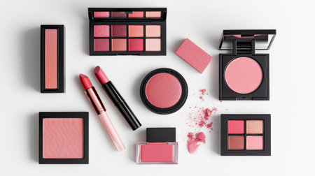 A flat lay of high-end women cosmetics, including blush, eyeshadow palettes, and lip glosses, arranged on a white background to emphasize product details and elegance.の素材