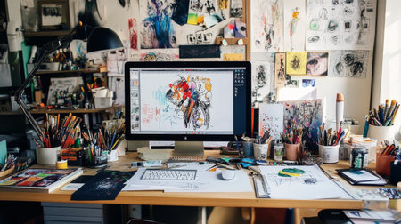 A creative workspace with a desk covered in art supplies, sketches, and a computer, showing a vibrant and inspiring area for designers or artists to work on their projects.の素材