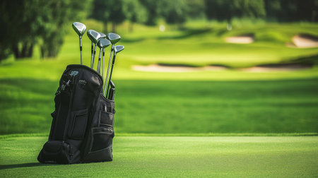 A detailed shot of a golf bag with various clubs and accessories, set against the backdrop of a golf course, emphasizing the essential gear for a successful round.の素材