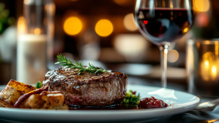A fine dining setting with a beautifully plated steak, paired with gourmet sides and a glass of red wine, emphasizing an elegant and sophisticated meal.の素材