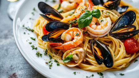 A delightful Italian seafood pasta dish with shrimp, mussels, and clams in a light garlic and white wine sauce, presented on a white plate with a clean background.の素材