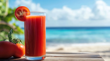 A glass of tomato juice on a beachside table with the ocean in the background, evoking a sense of relaxation and wellness during a peaceful summer vacation.の素材