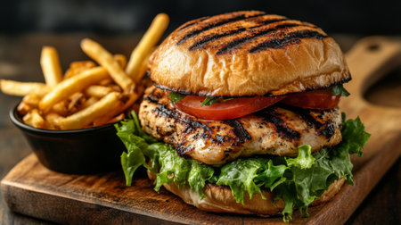 A grilled chicken sandwich with fresh lettuce, tomatoes, and condiments, presented on a wooden board with a side of crispy fries, highlighting a tasty meal optionの素材