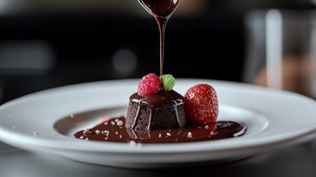 A smooth, molten chocolate sauce being drizzled over a white dessert plate, capturing the rich and glossy texture of premium chocolateの素材