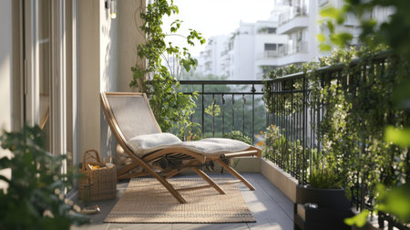 A stylish balcony with a comfortable lounge chair, a small outdoor rug, and a railing adorned with climbing plants, offering a peaceful retreat with a cityscape view.の素材