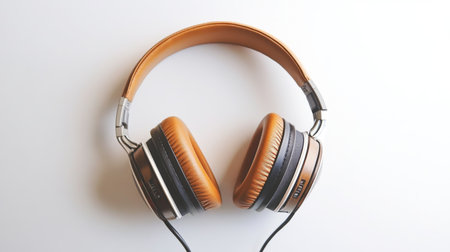 A stylish pair of retro headphones with large ear cups and a vintage design, placed on a white surface to showcase their unique aesthetic and craftsmanship.の素材