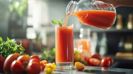 A person pouring fresh tomato juice from a glass pitcher into a tall glass, with ripe tomatoes scattered around, emphasizing the freshness and natural flavor of the juice.の素材