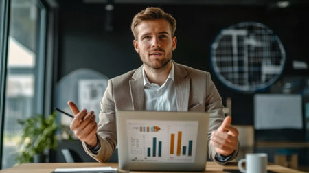 A young businessman confidently presenting a business proposal in a modern conference room, using a laptop and charts to illustrate key points.の素材