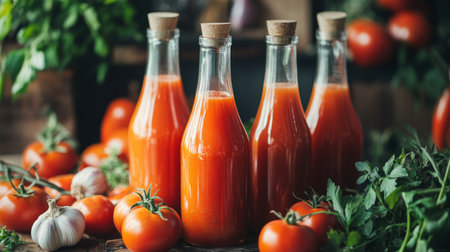 Bottles of homemade tomato juice arranged in a kitchen setting, surrounded by fresh tomatoes, garlic, and herbs, conveying the idea of organic, homegrown products.の素材