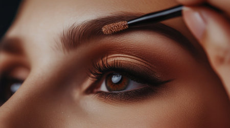 A woman with a dramatic smoky eye look and well-defined brows, applying finishing touches to her makeup with a focus on the intricate detailsの素材