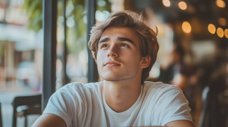 A young man with a side-parted hairstyle, casually styled and relaxed, sitting at a reflecting a modern and approachable aesthetic.の素材