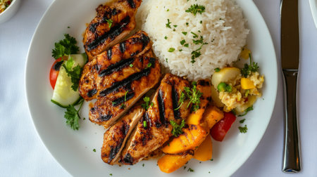 A top-down view of a plate with succulent grilled chicken pieces, accompanied by side dishes like rice and vegetables, set on a clean, white tableclothの素材