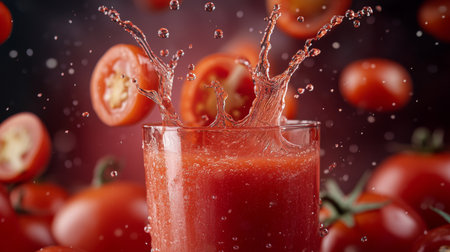 Close-up of tomato juice splashing into a glass, with droplets frozen mid-air, surrounded by whole and sliced tomatoes, symbolizing freshness and vitality.の素材