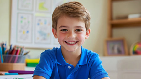 A young boy excitedly showing his completed coloring page to the camera, with a proud smile and colorful artwork displayed prominently.の素材