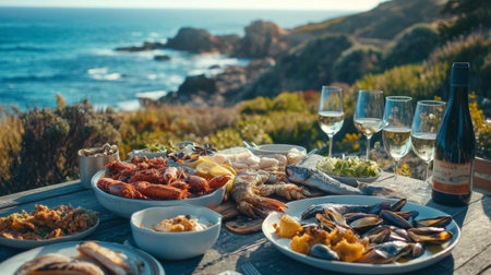 A beautiful coastal setting with a seafood feast laid out on a table with a view of the ocean, including grilled fish, shellfish, and salads.の素材