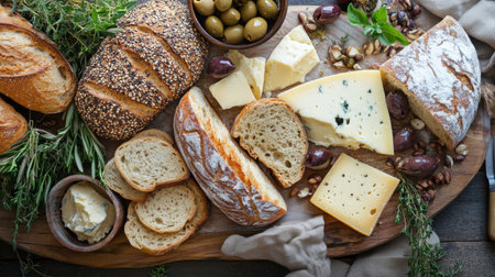 A beautiful breadboard with various types of bread, including whole grain and sourdough, with cheese, olives, and fresh herbs for a rustic spread.の素材