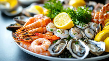 A beautifully arranged seafood platter with shrimp, oysters, crab legs, and mussels, garnished with lemon wedges and fresh herbs.の素材