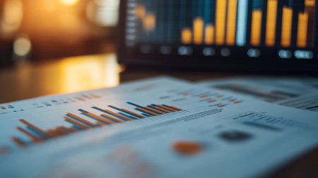 A close-up of a printed financial report featuring gold price graphs and charts, including historical trends and market predictions, placed on a desk.の素材