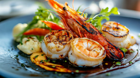 A close-up of a grilled seafood dish featuring juicy prawns and scallops, served on a plate with a side of vegetables and a drizzle of sauce.の素材