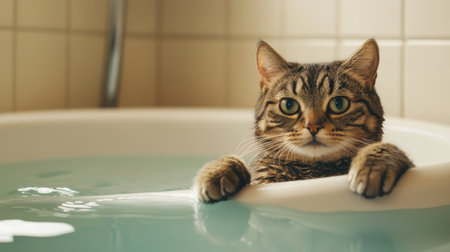 A cat sitting in a bathtub filled with a little water, gently patting the surface with its paws, looking adorable and curiousの素材