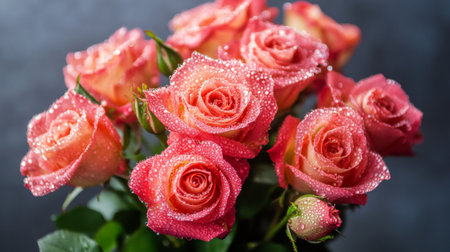 A bouquet of roses with dew drops on their petals, arranged in a vase with the droplets adding a touch of elegance and freshnessの素材