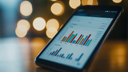 A close-up of a bar chart on a smartphone screen, with financial data and trends visible, showcasing the ease of accessing financial information on the go.の素材