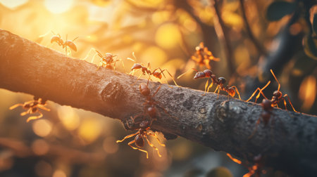 A close-up of ants crawling on a tree branch, with detailed focus on their small, intricate bodies and legs against a natural backdrop.の素材