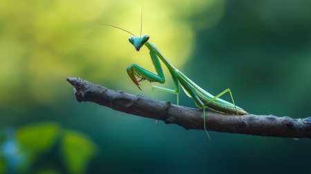 A close-up of a praying mantis on a twig, captured in a natural environment with detailed focus on its unique posture and features.の素材
