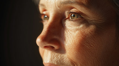 A close-up of a 50-year-old woman skin under natural light, highlighting her fine lines and natural texture, with a soft and serene expression.の素材