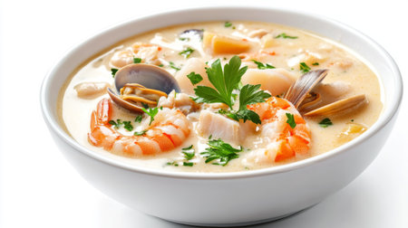 A bowl of creamy seafood chowder with clams, shrimp, and fish chunks, garnished with fresh parsley, set against a pristine white background.の素材