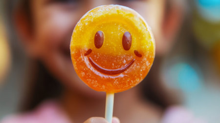 A close-up of a lollipop with a smiling face on its surface, held by a person with a joyful expression, highlighting the fun and happiness of candyの素材