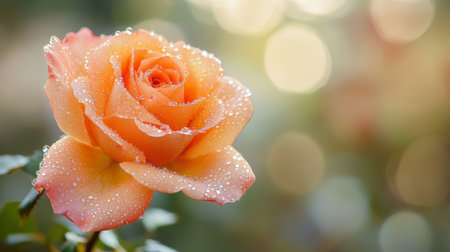 A close-up of a blooming rose with delicate dew drops glistening on its petals, set against a soft, blurred background.の素材